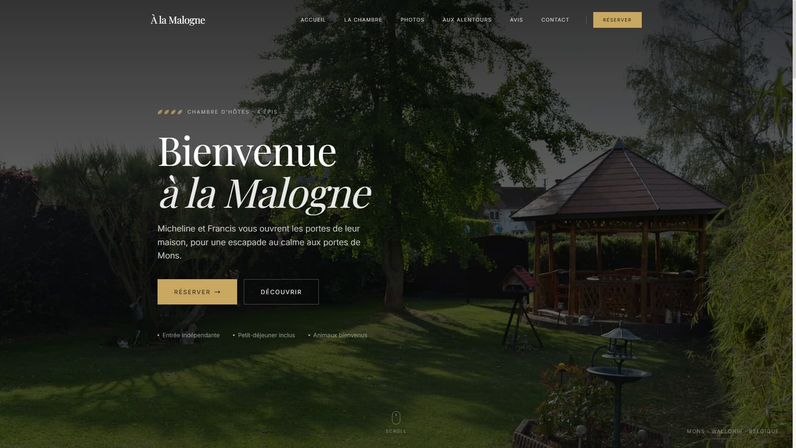 À la Malogne — Site vitrine pour une chambre d'hôtes de charme à Mons